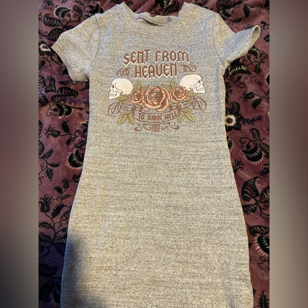 Gray Mini Dress with Skull and Rose Design